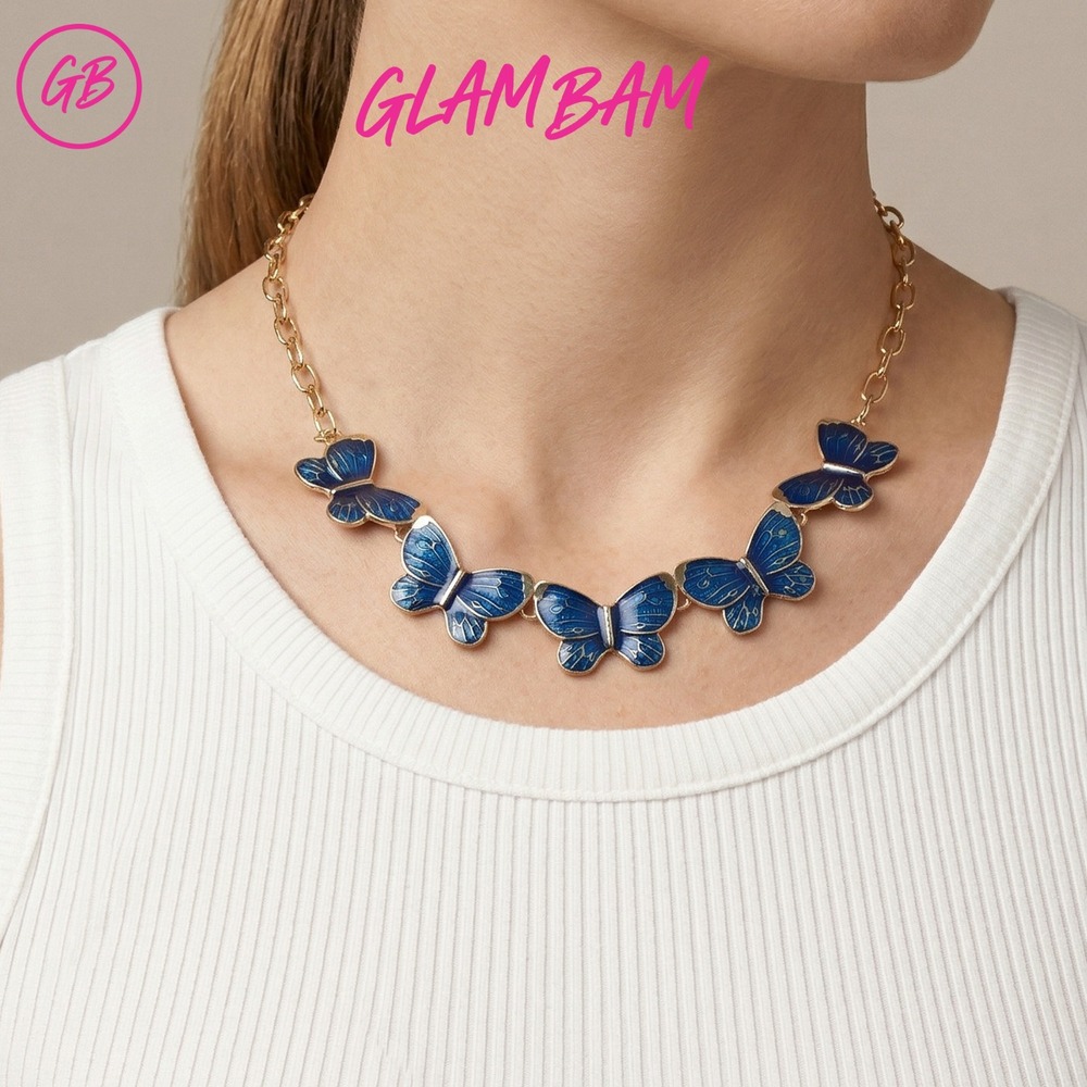GlamBam Blue Enamel Butterfly Charm Necklace Gold Tone Fashion Jewelry - Picture 6 of 6